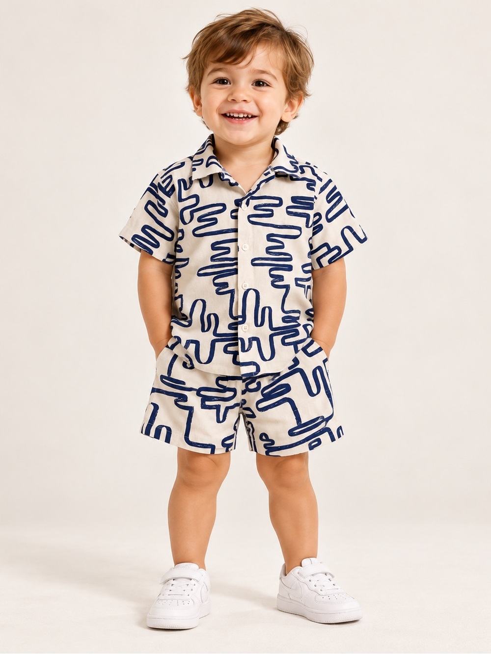 Zara Kids 2Y White & Navy Abstract Print Shirt & Shorts 2-Piece Set